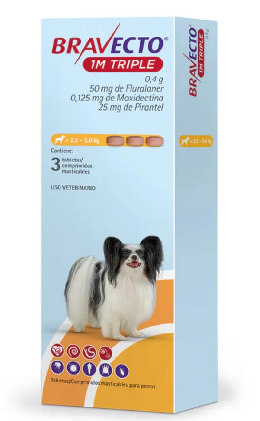 BRAVECTO 1 Mes Triple c/3 TAB (2.5 a 5 KG) de 50 mg