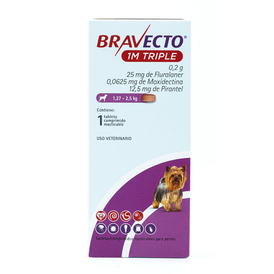 BRAVECTO 1 Mes Triple c/3 TAB (1.27 a 2.5 KG) de 25 mg